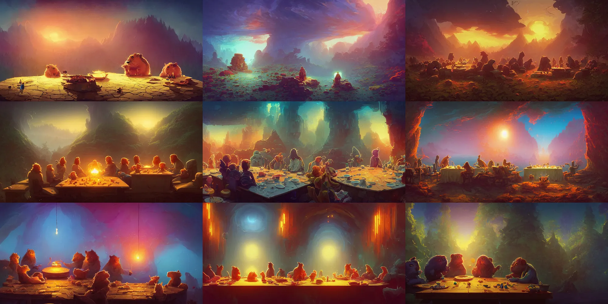 Prompt: the last hamster supper, Alena Aenami, Petros Afshar, Noah Bradley, Anton Fadeev, Anato Finnstark, Steve Henderson, Filip Hodas, Mark Keathley, Thomas Kinkade, Phil Koch, Gilbert Williams, Mike Winkelmann, Beeple