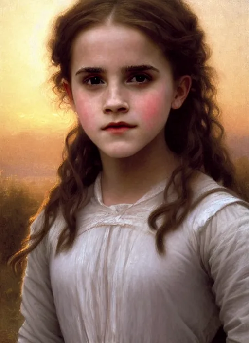 Image similar to painting. [ young ] emma watson as hermione granger 2 0 0 4. prisoner of azkaban. cheerful. happy. smiling. art by william adolphe bouguereau. during golden hour. extremely detailed. beautiful. 4 k. award winning.