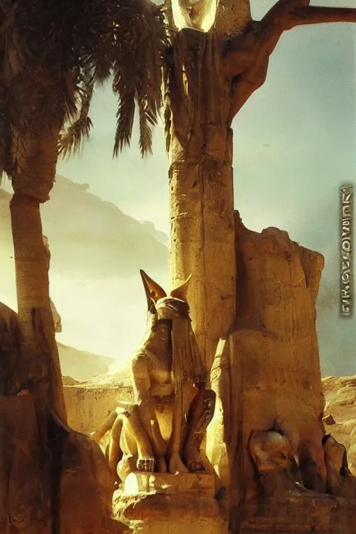 Image similar to beautiful landscape oil painting, of ancient egypt giant satue of anubis, art by anders zorn, wonderful masterpiece by greg rutkowski, beautiful cinematic light, thomas lawrence, greg rutkowski