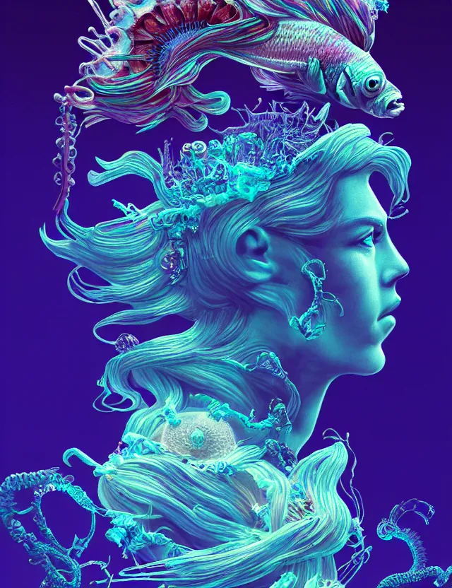 Image similar to goddess macro shouler portrait from bottom to top in crown made of ram skull. betta fish, jellyfish phoenix, bioluminiscent, plasma, ice, water, wind, creature, super intricate ornaments artwork by tooth wu and wlop and beeple and greg rutkowski