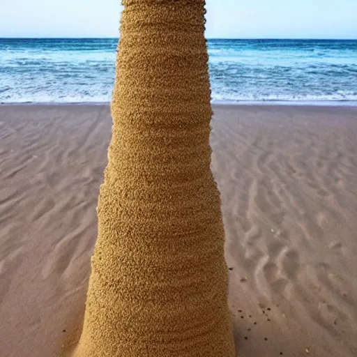 Image similar to a tower of sand on the beach that's taller than the people around it