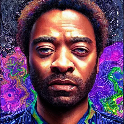 Image similar to portrait of chiwetel ejiofor, hyper detailed masterpiece, neon floral pattern, jean giraud, digital art painting, darkwave goth aesthetic, psychedelic, artgerm, donato giancola and tom bagshaw