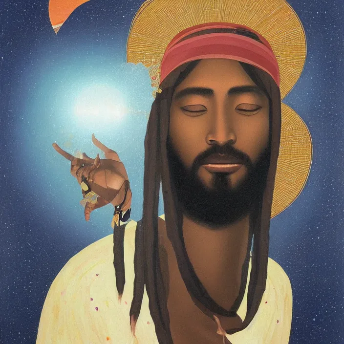 Prompt: a UFO hovering over an African Jesus, portrait painting by Hsiao-Ron Cheng,