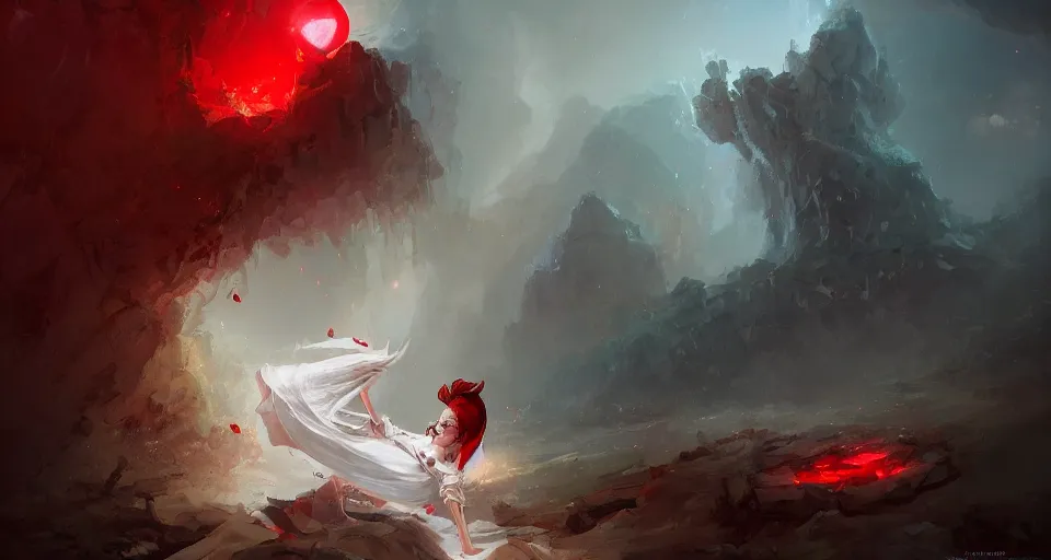 Image similar to a young girl in a white dress falling down a hole with a warping black and red checkerboard pattern by peter mohrbacher, vivid colors, matte painting, 8K, concept art, mystical color scheme, trending on artstation