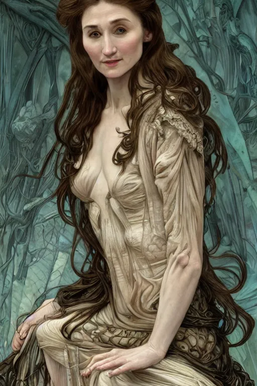 Prompt: carice van houten, anatomy, cute, fantasy, intricate, elegant, highly detailed, digital painting, 4 k, hdr, concept art, smooth, sharp focus, illustration, art by h r giger and alphonse mucha