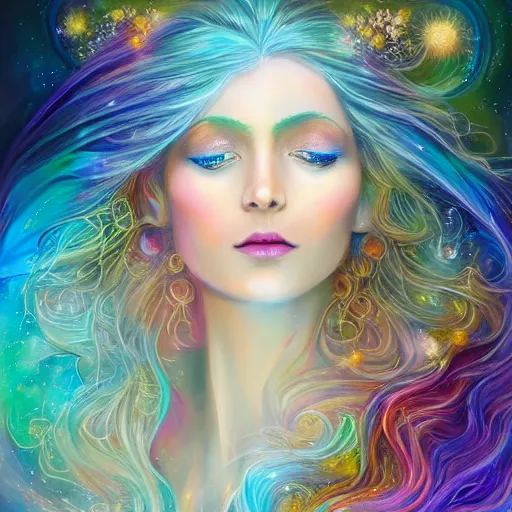 Prompt: Portrait of a very very beautiful! celestial interdimensional goddess wearing flowing dress, playing a mystical harp and springing life into the universe, long cyan hair, luminescent blue eyes, vivid colors, colorful, photorealistic, high dynamic range, HDR, intricate, elegant, highly detailed, digital painting, artstation, concept art, smooth, sharp focus, illustration, art by artgerm and greg rutkowski and alphonse mucha and andrei riabovitchev