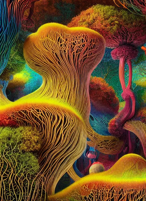 Image similar to hyper detailed 3d render like a Oil painting - the secret forest covered by a network of colorful yellowcake and aerochrome and milky Fruit , exotic flowers and a gossamer polyp blossoms bring iridescent fungal flowers whose spores black the foolish stars by Jacek Yerka, Mariusz Lewandowski, Houdini algorithmic generative render, Abstract brush strokes, Masterpiece, Edward Hopper and James Gilleard, Zdzislaw Beksinski, Mark Ryden, Wolfgang Lettl, Dan Hiller, hints of Yayoi Kasuma, octane render, 8k