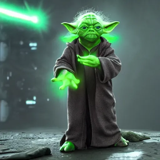 Image similar to yoda as the hulk, splash art, movie still, cinematic lighting, dramatic, octane render, long lens, shallow depth of field, bokeh, anamorphic lens flare, 8 k, hyper detailed, 3 5 mm film grain