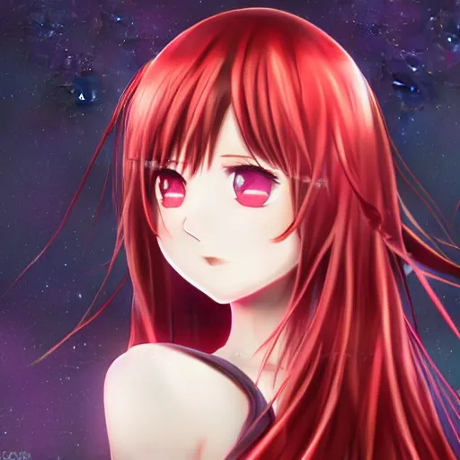 anime girl with long blood red hair