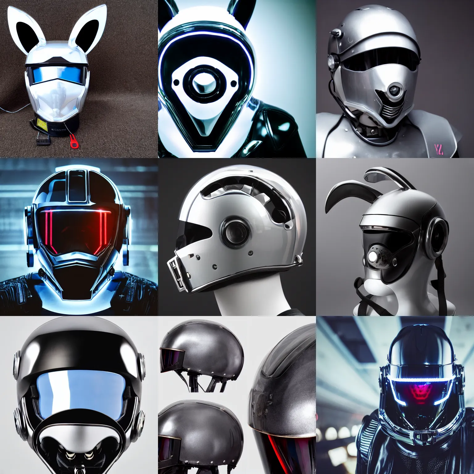 Prompt: highres photo of a motorcycle helmet, cyberpunk, robotic futuristic rabbit themed helmet, sony produced, techwear, chrome, cyber, bunny, very long, large ears, aesthetic, helmet, rabbit, rabbit shaped helmet, cybernetic, cyberpunk, designed by, Y2K