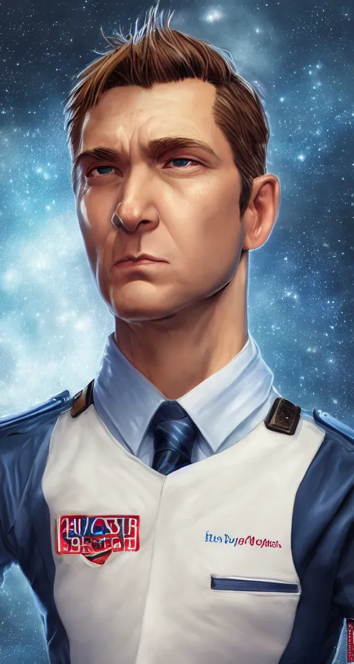 Image similar to portrait of tall, tired 3 3 - year - old handsome man with short darkblonde hair, blue eyes, wearing science fiction uniform, hyper realistic face, beautiful eyes, character art, art by mark brooks, hyperdetailed, cryengine, trending on artstation, digital art