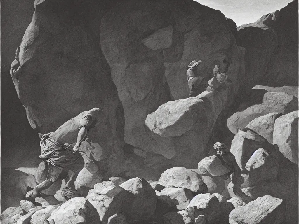 Image similar to Worker of the gold mines pushing a boulder. Night. Painting by Georges de la Tour, Sebastiao Salgado