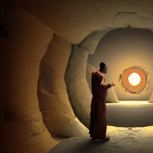 Image similar to concept art a monk discovering a portal to enlightenment, 8 k, 3 d render, ultra high quality, cinematic