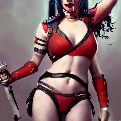 Image similar to portrait of Harley Quinn in bikini armor, dc comics, cyberpunk, Warhammer 40000, dark fantasy, digital art from artstation by Ruan Jia and Mandy Jurgens and Artgerm and william-adolphe bouguereau