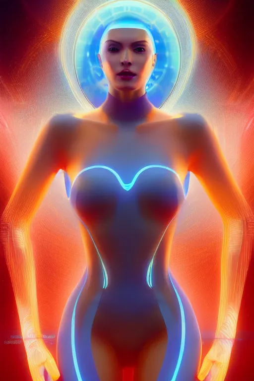 Prompt: ultra realist render of a beautiful female mage wearing a luminescent bodysuit in a Tron universe, reflections, focus, detailed, realistic eyes, symmetric body features proportions, golden ratio face, intricate facial skin details, award winning, trending in cgsociety artstation deviant art, octane render, boris Vallejo and Tom Bagshaw