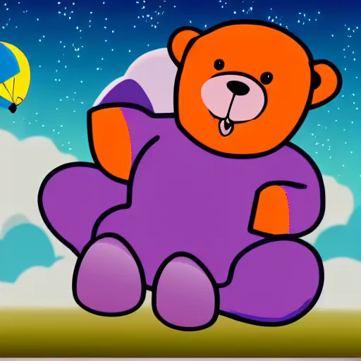 Image similar to cartoon animated bear wearing clothes being launched out of a futuristic machine into a purple and orange cloud land