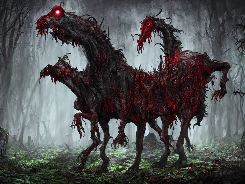 Image similar to Evil zombie horse with red eyes, in a dark toxic mushroom forest. 4K. Concept art. Unreal engine. Highly detailed. Style of Lovecraft.