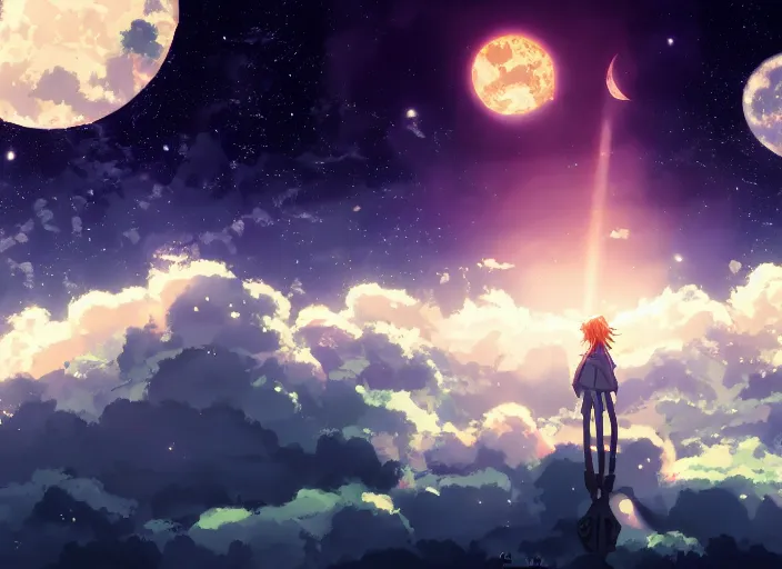 Prompt: illustration night sky clouds multiple moons | | anime key visual, official media, illustrated by wlop, extremely detailed, 8 k, trending on pixiv, cinematic lighting, beautiful