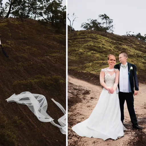 Prompt: a tornado in a wedding dress marrying a volcano in a wedding dress, professional wedding photography, 8 k photo