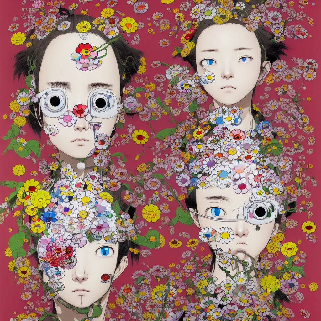 Image similar to prompt: Fragile portrait of singular persona covered with random flowers illustrated by Katsuhiro Otomo, inspired by Takashi Murakami and 1990 anime, smaller cable and cyborg parts as attributes, eyepatches, illustrative style, intricate oil painting detail, manga and anime 1990