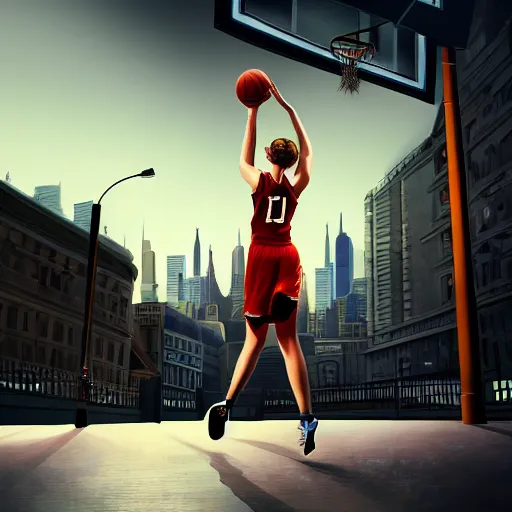 Prompt: tall woman playing basketball, city in background, moody atmosphere, digital art, highly detailed, high contrast, beautiful lighting, award winning, trending on art station, photorealistic, 8 k,