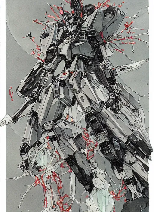 Prompt: gundam by kaethe butcher and moebius, details