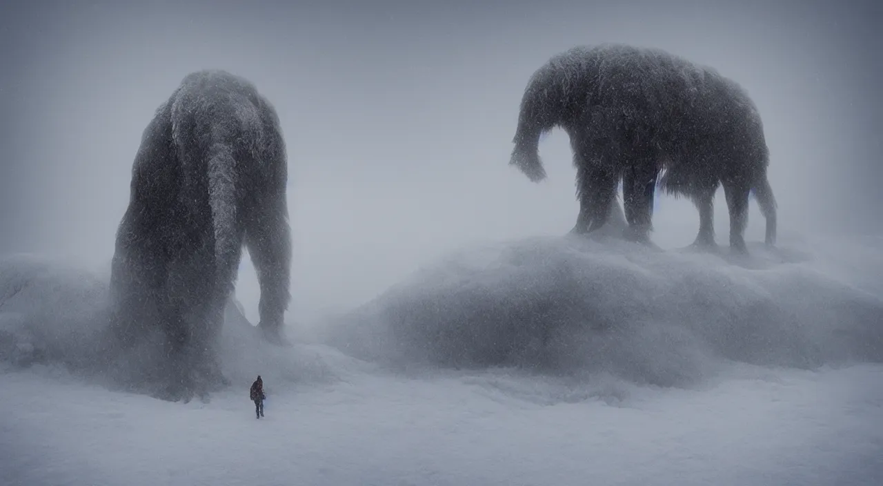 Prompt: “photo of a futurist bio-mechanical mammoth in an arctic storm, fog, snow storm, cold sunset, wind , ice, photoreal”