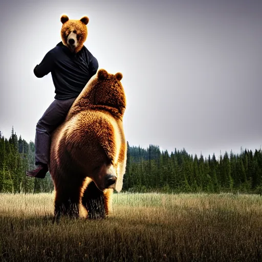 Prompt: man riding bear, XF IQ4, 150MP, 50mm, f/1.4, ISO 200, 1/160s, natural light, Adobe Photoshop, Adobe Lightroom, DxO Photolab, polarizing filter, Sense of Depth, AI enhanced, HDR