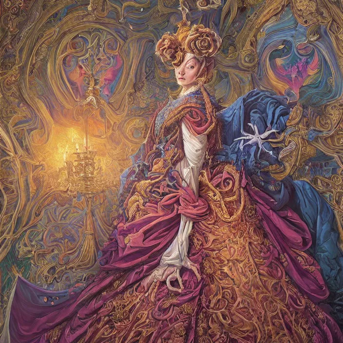 Image similar to beautiful oil painting, full length portrait of dauphinois in baroque coronation robes 1701, Dan Mumford, Dan Mumford, Alex grey, highly detailed , lsd visuals, dmt fractal patterns, hallucinogen, visionary art, psychedelic art, ornate, vaporwave, baroque, Greg rutkowski