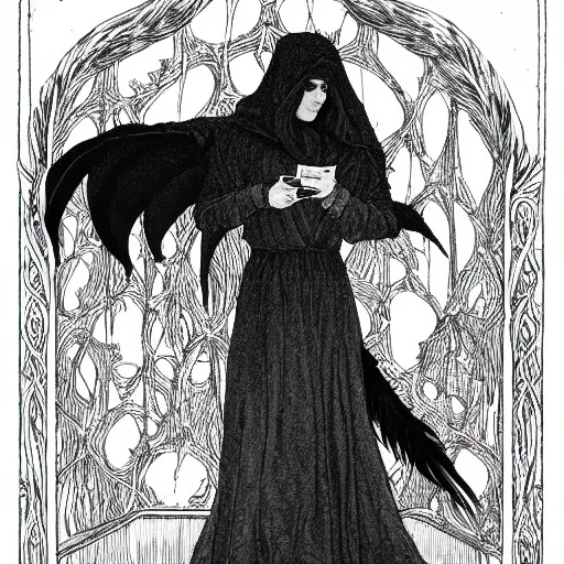 Prompt: romantic highly detailed illustration of young innocent jennifer connelly as youthful alien bird - woman, gothic wearing hooded dark cloak, morphing, modestly dressed, reading in library, gray skin, black feathers instead of hair, black feathers growing out of skin, bumpy skin, black hands with black claws, comic book, rough paper, mike mignogna, mucha