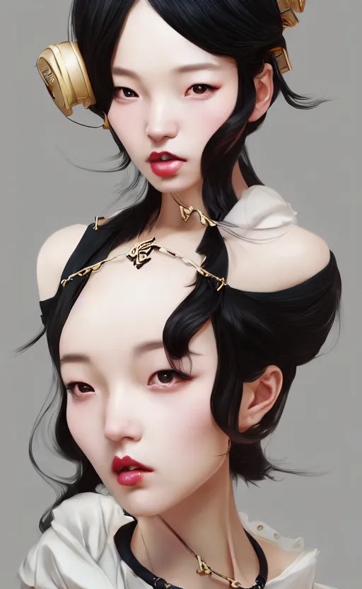 Image similar to a pin up and beautiful fashion charming dreamlke korea girl with lv jewelry, character art, art by artgerm lau and kyoung hwan kim and and ilya kuvshinov and john singer sargent, hyperdetailed, 8 k realistic, symmetrical, frostbite 3 engine, cryengine, dof, trending on artstation, digital art