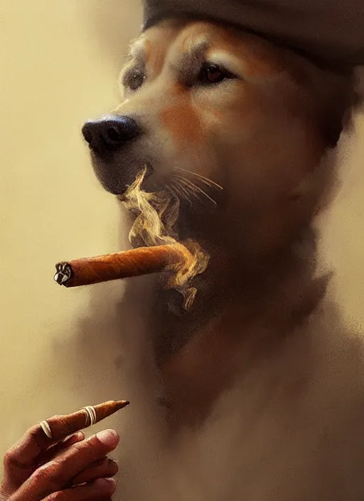 Prompt: Portrait of Shibu Inu smoking a cigar blowing smoke, realistic, detailed, 4k by Greg Rutkowski Mark Arian trending on artstation