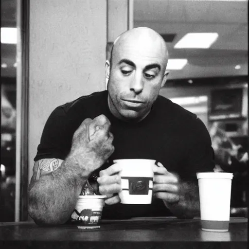 Prompt: joe rogan eating at a macdonalds restaurant, black and white photo by dianne arbus