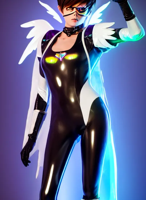 Image similar to portrait bust digital artwork of tracer overwatch, wearing white iridescent rainbow latex and leather straps catsuit outfit, 4 k, expressive happy smug expression, makeup, in style of mark arian, angel wings, wearing detailed black leather collar, chains, black leather harness, detailed face and eyes,