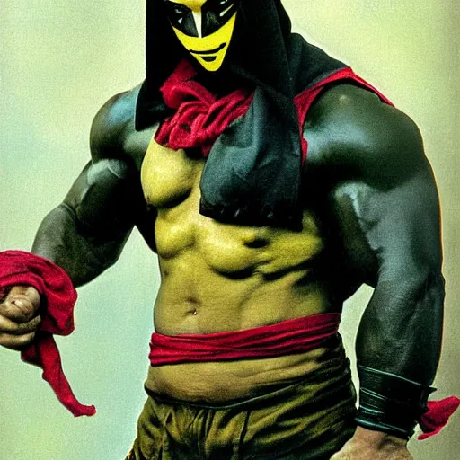 Prompt: muscular man dressed up as Mortal Kombat pikachu art photo by Annie Liebovitz and Alphonse Mucha