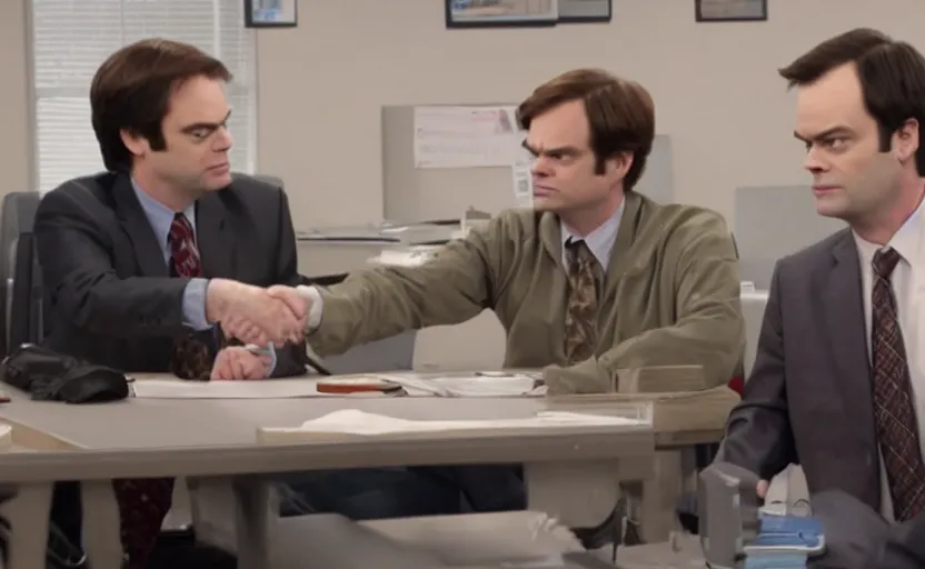 Prompt: screencap from the office, dwight schrute meeting bill hader barry in dunder mifflin, hd screencap