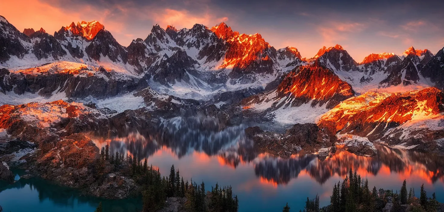 Image similar to amazing landscape photo of mountains with lake in sunset by marc adamus, beautiful dramatic lighting