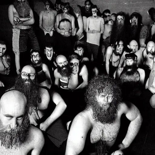 Image similar to secret photos of a cult hidden underground in brisbane. everyone must not wear pants, only shirts, all their hair is shaved off but beards are aloud. you must carry a large vegetable at all times. very creepy photos of this strange cult in the year 1 9 9 7