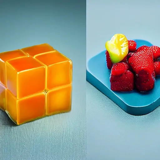 Image similar to edible rubic's cube made from fruit, food photography