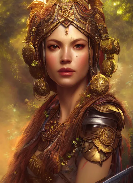 Image similar to Beautiful art portrait of a female fantasy godess warrior in a bright temple surrounded by lush forest, atmospheric lighting, intricate detail, cgsociety, hyperrealistic, octane render, RPG portrait, ambient light, dynamic lighting