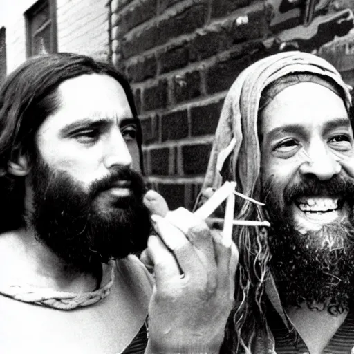 Prompt: photo of jesus and moses smoking weed in the bronx circa 1 9 7 8