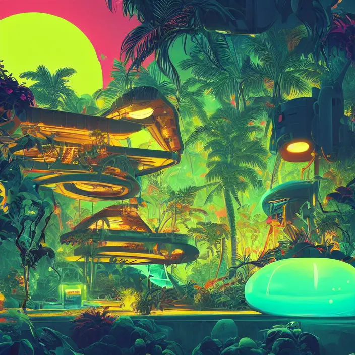 Image similar to a bioluminescent neon tropical cottage by paolo eleuteri serpieri and tomer hanuka and chesley bonestell and daniel merriam and tomokazu matsuyama, unreal engine, high resolution render, featured on artstation, octane, 8 k, highly intricate details, vivid colors, vector illustration