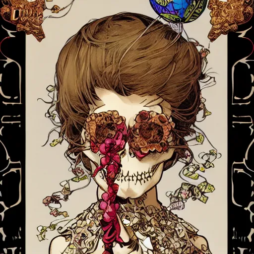 Image similar to anime manga skull portrait girl female skeleton holding balloon clouds in background illustration detailed patterns art Geof Darrow and Phil hale and Ashley wood and Ilya repin alphonse mucha pop art nouveau