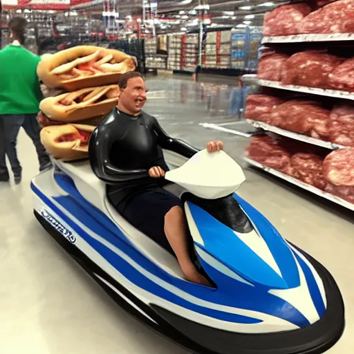 Prompt: hotdog riding a jetski in Costco