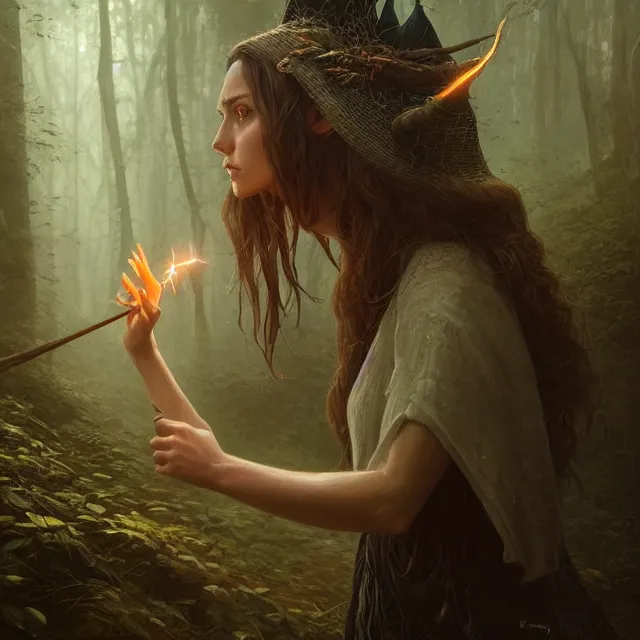 Image similar to close up portrait of a beautiful female witch casting a spell, magical forest background fantasy atmosphere. art by greg rutkowski. highly detailed, intricate, lifelike. sci - fi, fantasy, magical, nikon d 8 5 0.