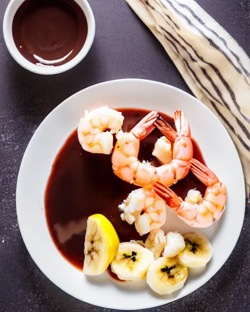 Prompt: dslr food photograph of a cup of ice cream with shrimps on top. chocolate sauce, shrimp, banana slices. 8 5 mm f 1. 4