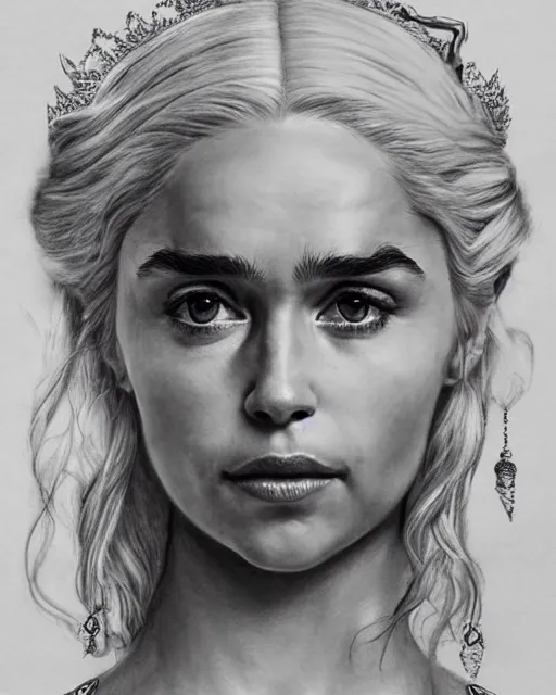 Image similar to pencil drawing of beautiful daenerys targaryen as greek goddess aphrodite with arrowhead jewelry, beautiful piercing eyes, beautiful blonde hair flying in the wind, hyper realistic face, in the style of greg rutkowski, fantasy, amazing detail, epic, elegant, smooth, sharp focus, from the front