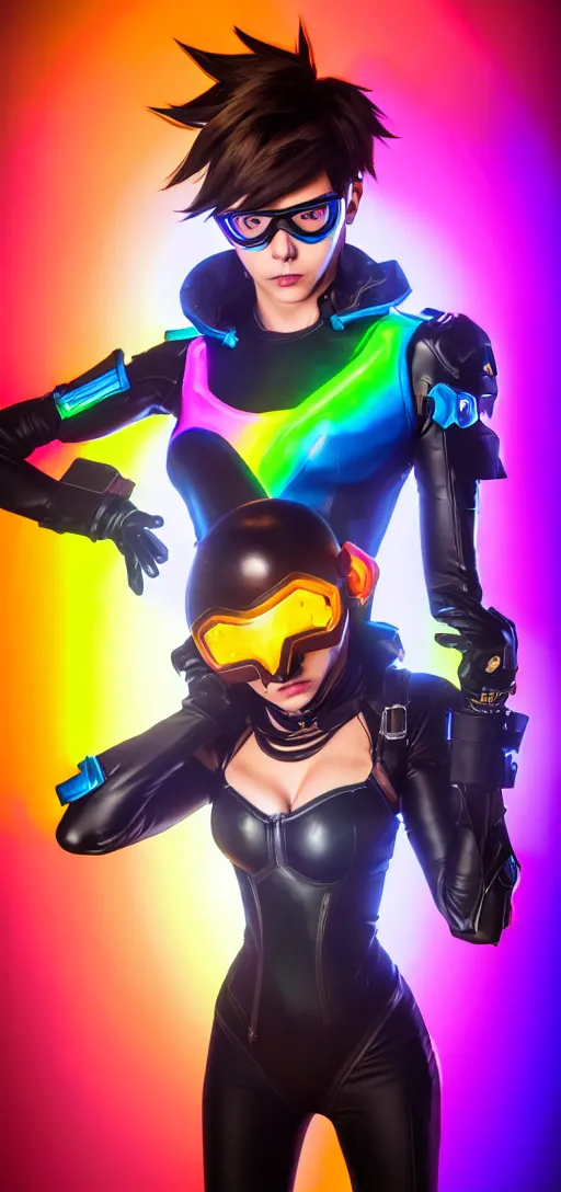 Image similar to full body overwatch style oil painting portrait of tracer overwatch, confident pose, wearing black jagged iridescent rainbow latex armor, rainbow, neon, 4 k, expressive surprised expression, makeup, wearing large rainbow neon choker, studio lighting, black leather harness, expressive detailed face and eyes,