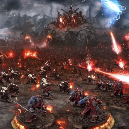 Image similar to The Emperor of mankind together with the primarchs are fighting against the Orcs. Epic battle, brutal style, super quality, 4k.