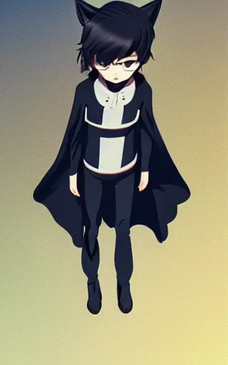 Image similar to little boy with cat ears wearing an black latex suit with cape. digital painting made by makoto shinkai and james jean and kohei horikoshi, perfect composition, highly sharp details, smooth